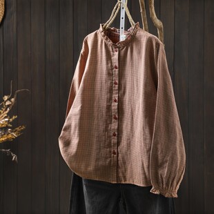 格子衬衫女木耳领长袖纯棉衬衣女款2026新款爆款宽松休闲气质上衣