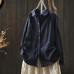 衬衣女款2025新款爆款早秋纯棉花朵刺绣复古文艺宽松百搭长袖衬衫