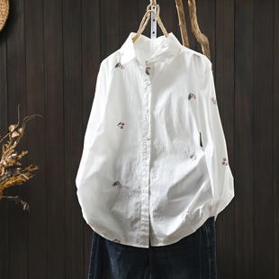 白衬衫女款2026新款春装装樱桃刺绣纯棉衬衣翻领独特精致长袖上衣