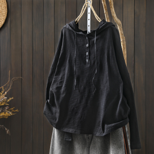 内搭可外穿打底衫女2026春新款黑色纯棉连帽宽松流行百搭长袖t恤