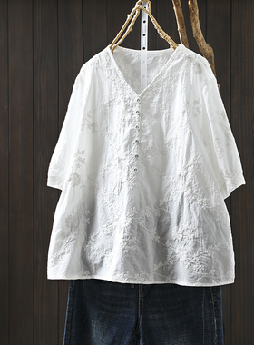 白色纯棉刺绣v领短袖衬衫女夏外穿2026新款设计感宽松慵懒风上衣