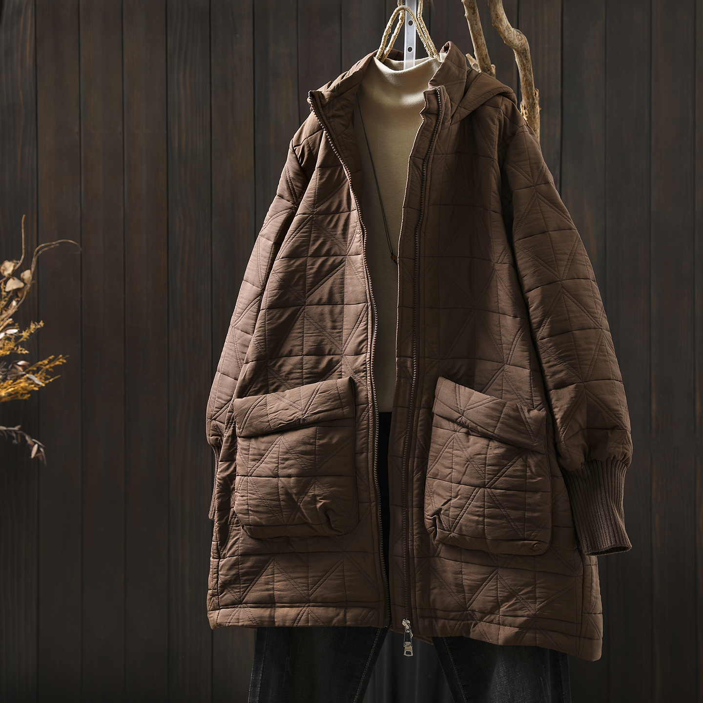 中长款棉服女款2025新款冬季立领连帽夹棉菱格双口袋薄款棉袄外套