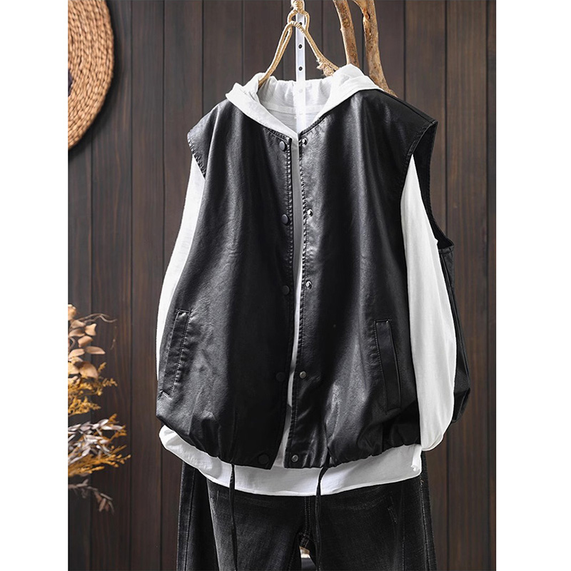 黑色皮衣马甲外套女宽松显瘦春秋圆领pu皮机车服港风夹克上衣潮