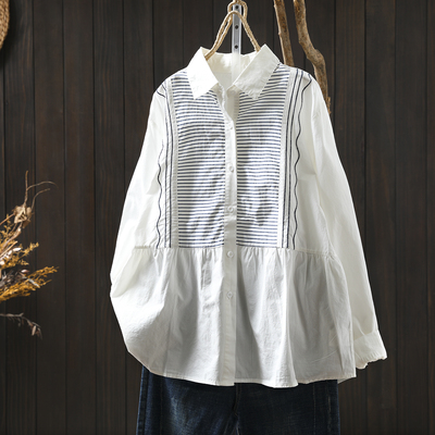 纯棉拼接条纹衬衫女长袖2025新款宽松休闲气质翻领白色娃娃衫上衣