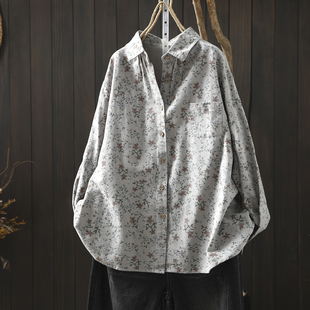 春装女款2026新款磨毛衬衫纯棉碎花复古文艺宽松休闲单穿百搭衬衣
