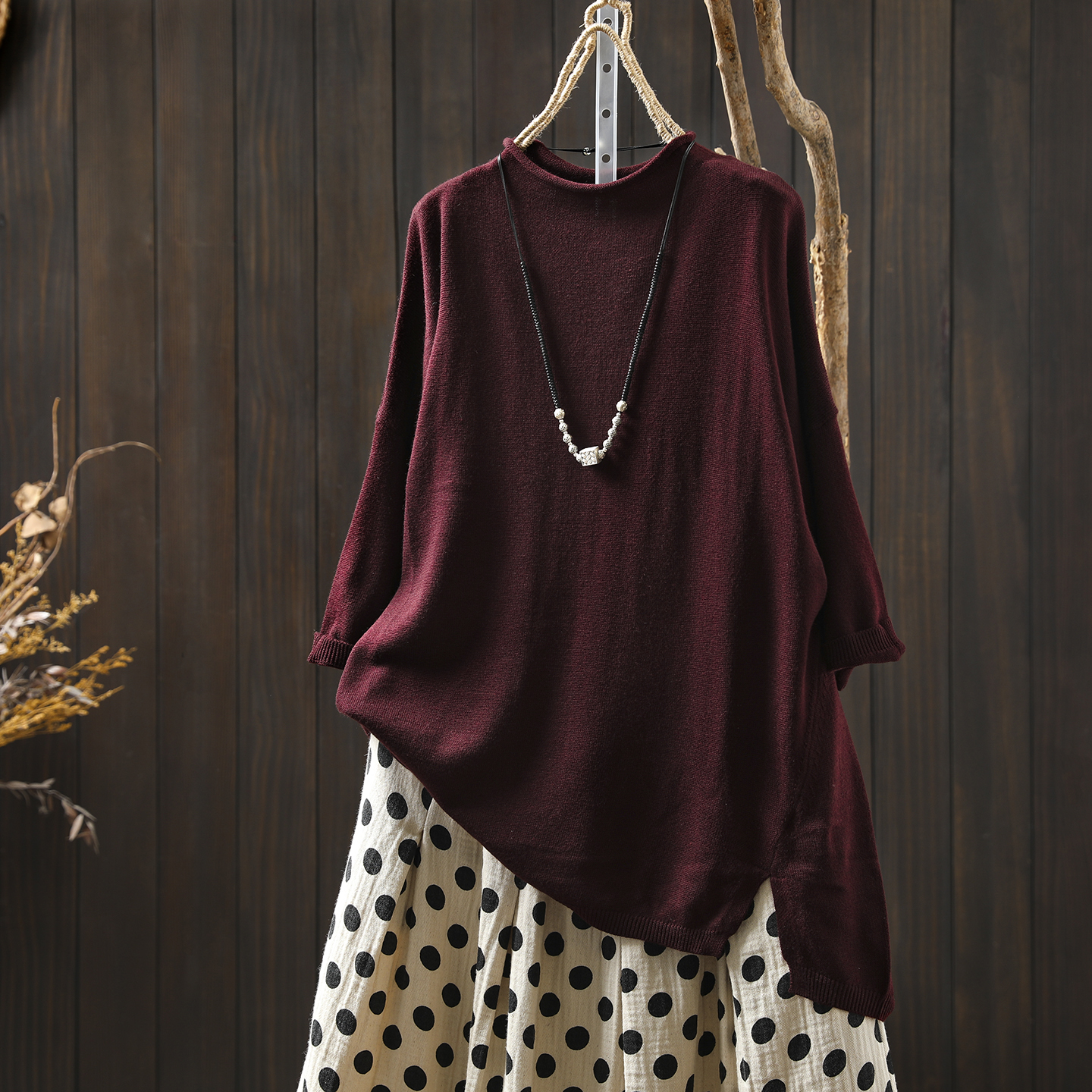 针织衫上衣女2025秋新款红色羊毛针织气质宽松纯色中领五分袖上衣