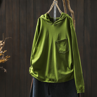 极简高级感宽松休闲打底内搭上衣 秋季 绿色连帽长袖 t恤女2026新款