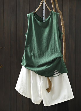 绿色背心女2026新款纯棉春夏季中长款破洞下摆设计感百搭外穿吊带