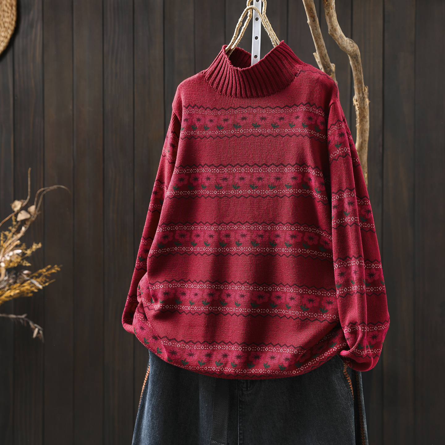 慵懒松弛感毛线衣女2025新款秋冬半高领花朵印花洋气漂亮套头毛衣