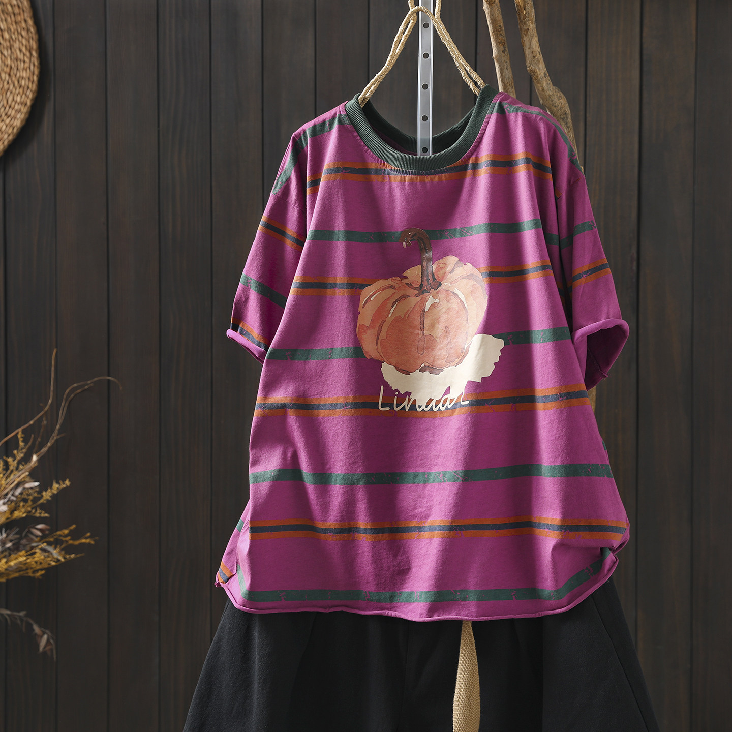 独特超好看t恤女款2026新款夏南瓜印花条纹胖mm减龄百搭圆领短袖