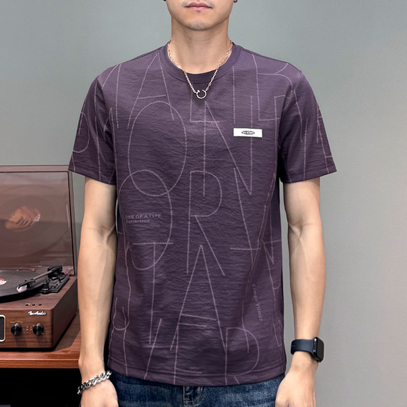 棉麻短袖t恤衫男士2025夏季新款卡通印花半袖体恤衫修身男装上衣