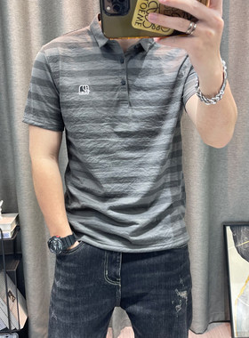 条纹短袖polo衫男士麻料棉麻半袖