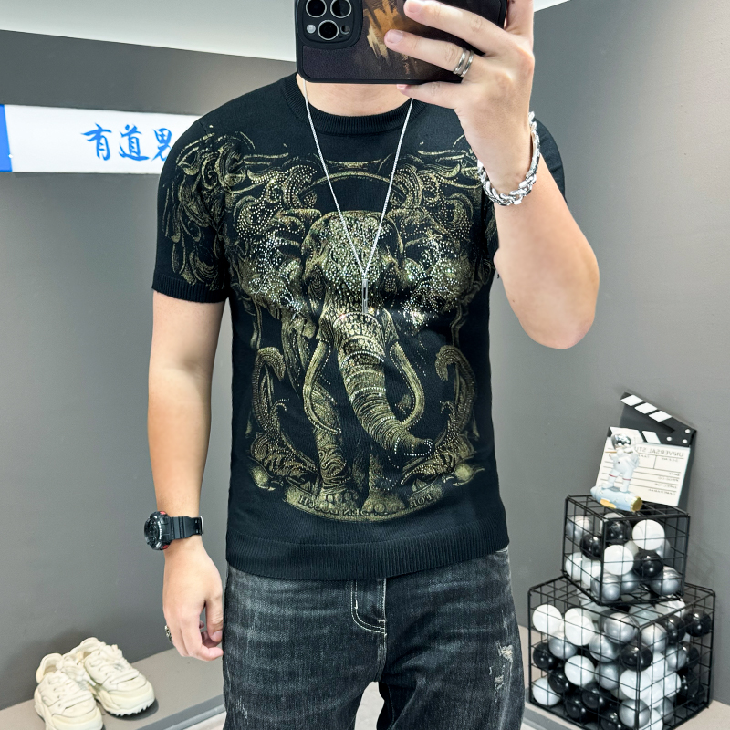 短袖毛衣男2025春秋新款高端卡通烫钻欧货男装上衣半截袖毛线衣潮