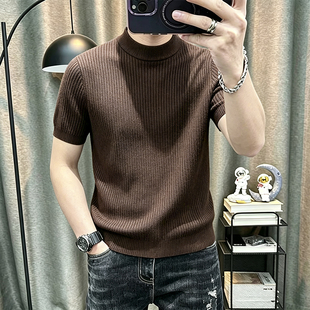 立领短袖毛衣男士秋冬简约纯色半高领弹力紧身针织衫打底内搭毛衫