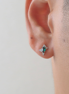 侣图/LOTU s925纯银复古绿色宝石不对称芒星耳钉男女个性百搭耳饰