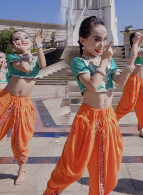 印度舞蹈表演服装大筒裤短上衣两件套花儿朵朵新疆女童肚皮舞服饰