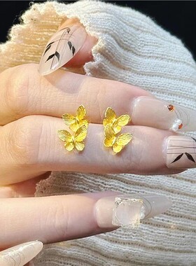 18K包金拉丝双蝴蝶轻奢耳钉