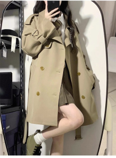 西装领风衣女秋季新款学生双排扣中长款小个子韩版外套宽松系带