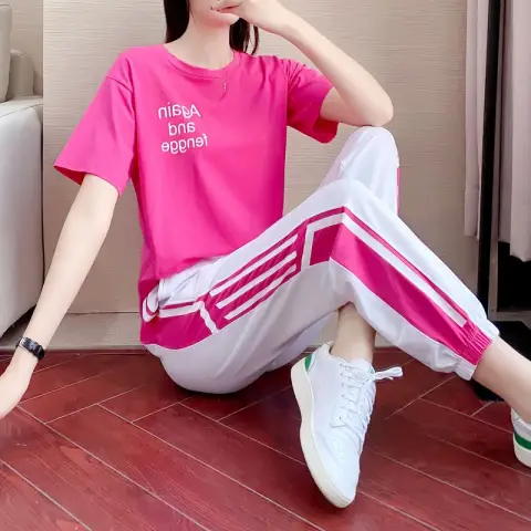 纯棉时尚休闲套装女夏宽松薄款跑步健身运动服速干大码两件套跳舞