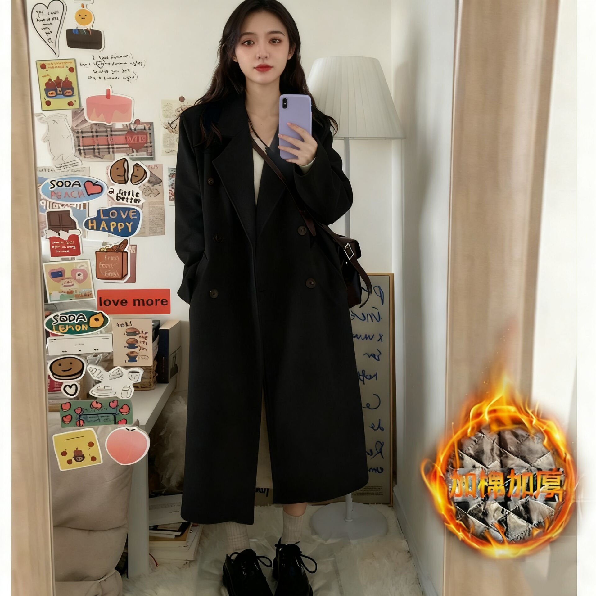 毛呢大衣女秋冬中长款夹棉过膝双排扣西装领风衣学生时尚显瘦外套