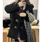 毛呢外套女秋冬季 加绒小个子宽松风衣学生jk牛角扣连帽大衣中长款