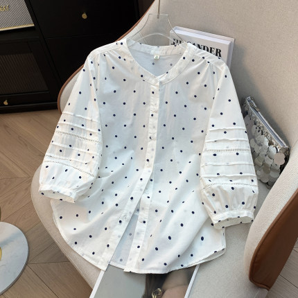 纯棉夏季新款白色波点镂空七分袖衬衫女宽松显瘦圆领百搭上衣衬衣