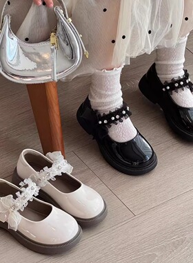 女童小皮鞋2026春季新款女孩水钻蝴蝶结公主鞋儿童黑色玛丽珍鞋