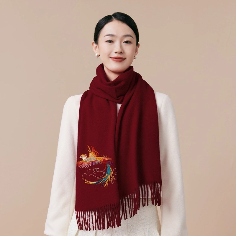 凤凰呈祥刺绣围巾冬季女纯绵羊毛