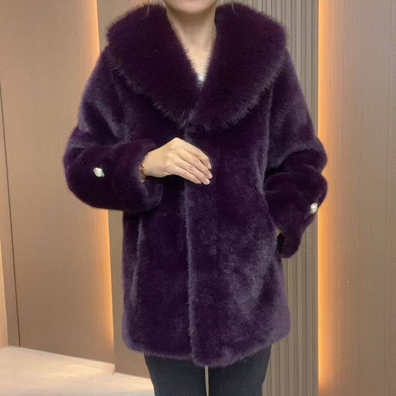 妈妈冬装仿皮草外套中长款女冬季加厚欧貂绒皮毛一体毛领时尚女装