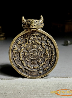 藏式仿古黄铜牛头九宫牌吊坠