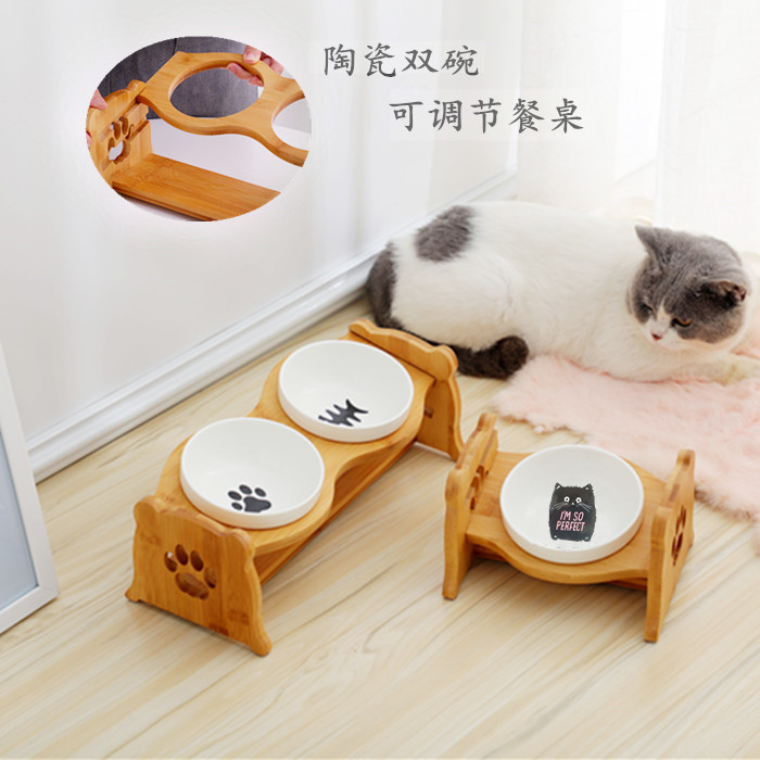 猫碗狗碗陶瓷双碗斜口幼猫成年