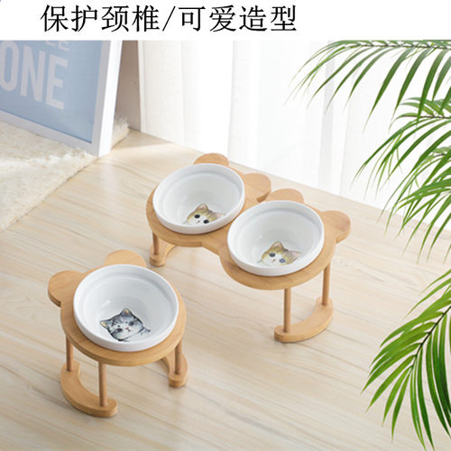 猫碗高脚猫咪喂食碗保护颈椎斜口狗碗可爱猫盆双碗陶瓷饮水宠物