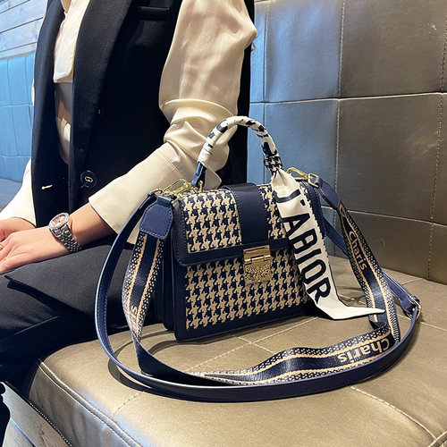 真皮千鸟格小方包女2025新款高级感手提包百搭单肩包斜挎包小包潮