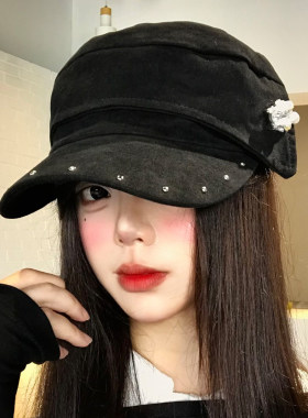 黑色麂皮绒铆钉马术帽女