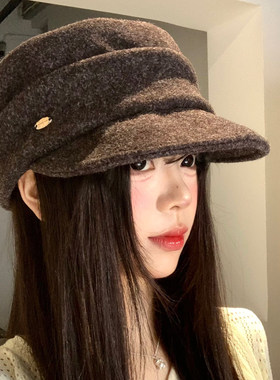毛呢褶皱报童帽女春秋日