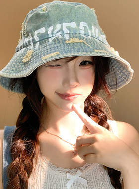 复古做旧牛仔渔夫帽女春