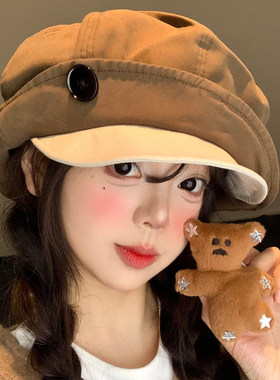 纽扣双帽檐贝雷帽女复古
