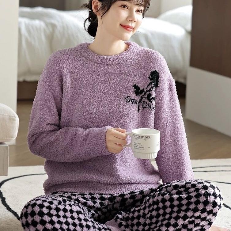 半边绒睡衣女冬季紫色长袖加厚加绒家居服保暖休闲女士珊瑚绒套装