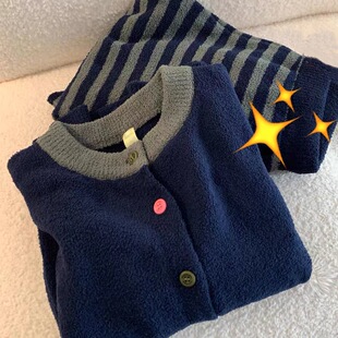 慵懒风珊瑚绒加厚保暖睡衣秋冬季撞色条纹高级感可外出长袖两件套