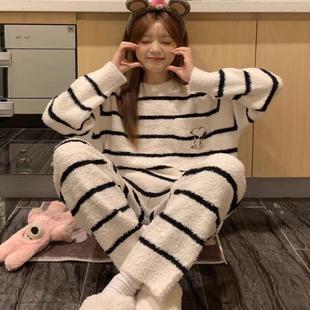 韩国ins可爱史努比珊瑚绒睡衣冬季 加厚保暖条纹半边绒家居服套装