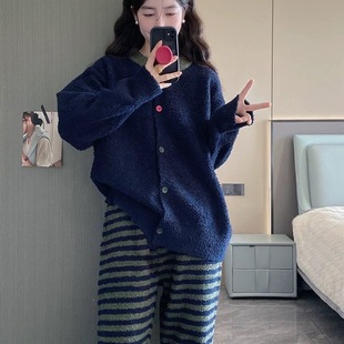 高级感家居服套装 珊瑚绒睡衣女冬季 韩系ins加厚保暖条纹休闲开衫