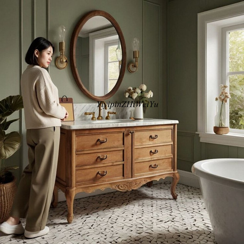 美式复古实木嵌入洗漱浴室柜组合