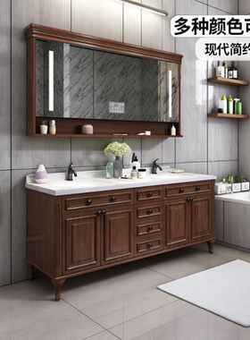 美式橡木浴室柜组合卫生间1.4米洗漱台落地洗脸盆洗手池双盆实木