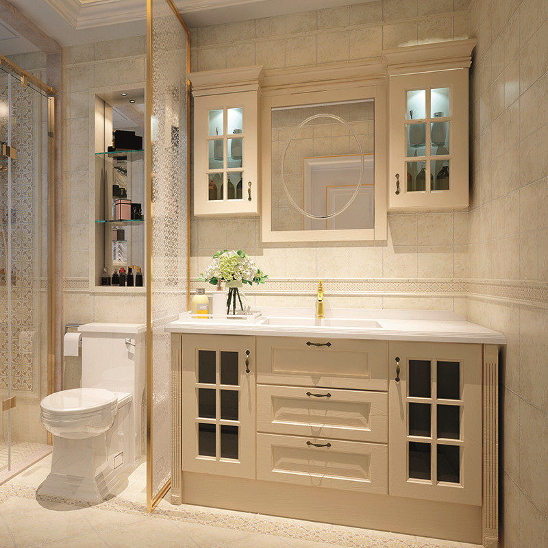 美式浴室手盆柜组合落地卫生间浴柜洗脸盆橡木带边柜大理石洗漱台