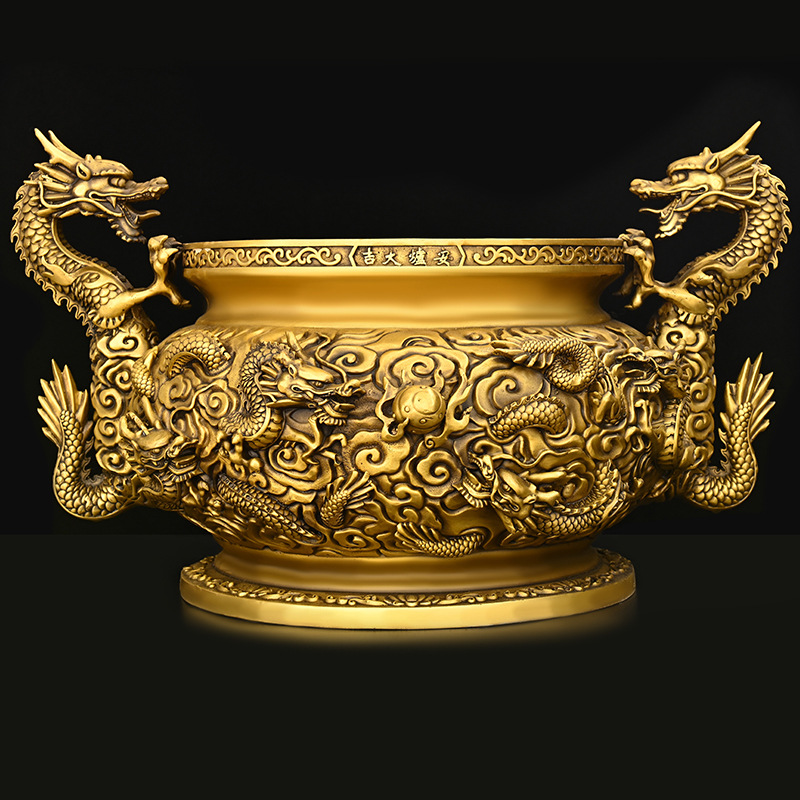 铜龙腾香炉摆件双龙耳缸祥龙献瑞缸家用办公室装饰品店铺开业礼品