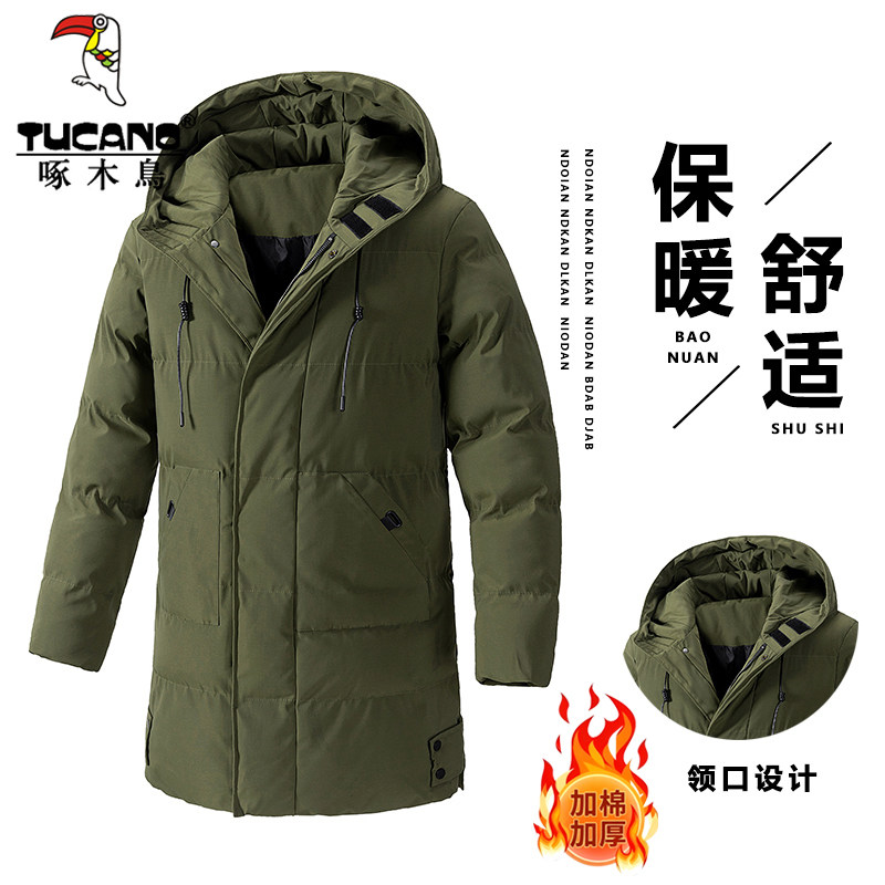 啄木鸟棉衣男中长款连帽冬季新款中老年外套休闲厚款保暖羽绒棉服