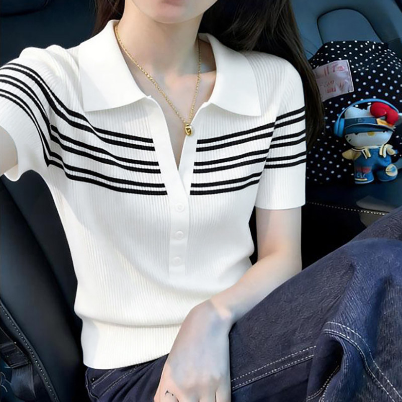 莱赛尔天丝polo领针织衫女款爆款2026新款休闲百搭正肩短袖上衣女