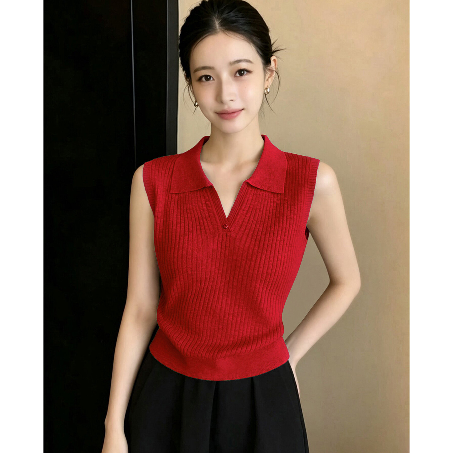 竖坑条针织背心女外穿可内搭打底2026夏季新款polo领无袖纽扣上衣图片