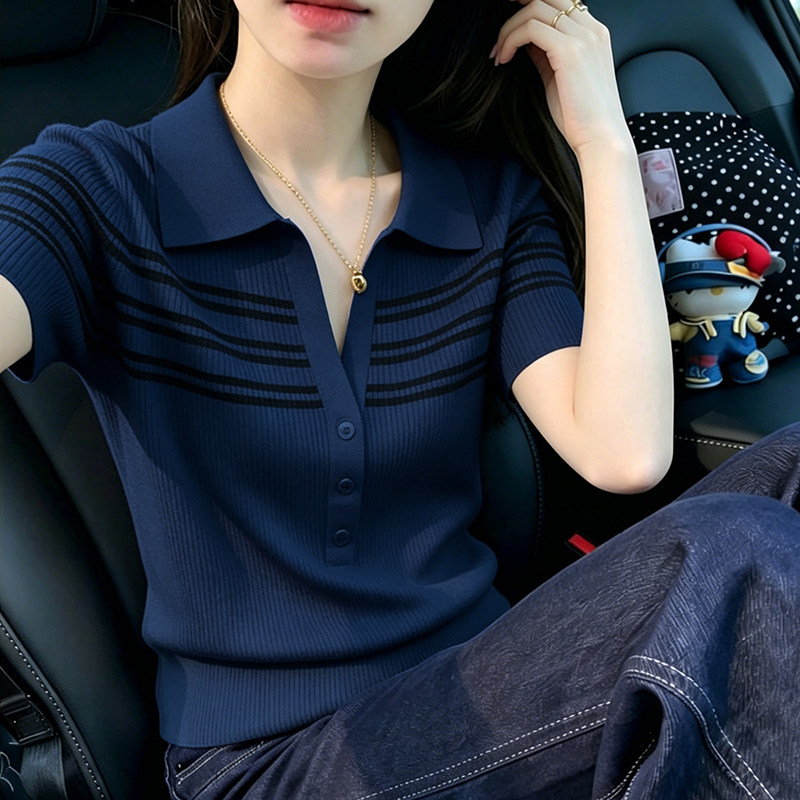 polo领针织衫女款爆款2026新款高级感休闲百搭正肩短袖条纹上衣女图片