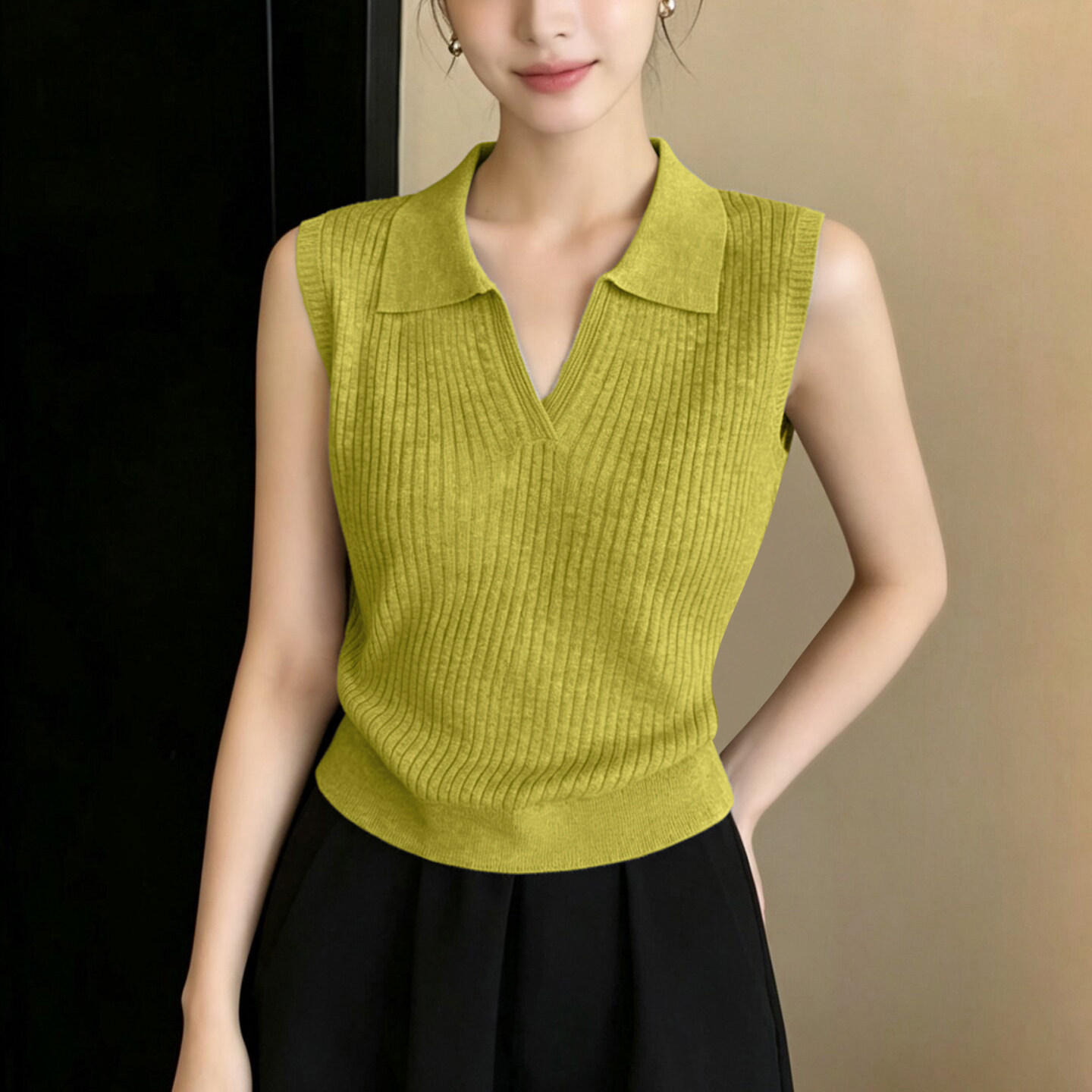 竖坑条针织背心女外穿可内搭打底2026夏季新款polo翻领无袖上衣女图片